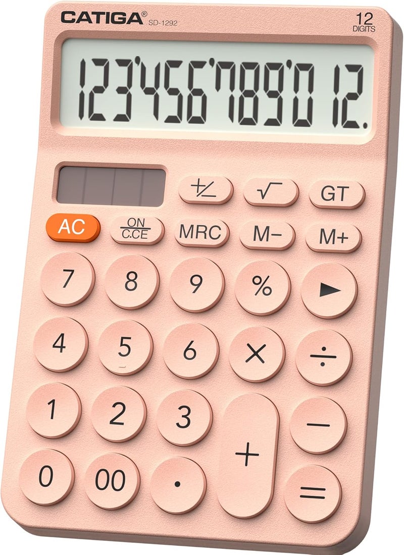 CATIGA 12 Digit Desktop Calculator Basic Desk Calculator with Large LCD Display, Big Buttons, 4 Function, Solar and Battery Dual Power, for Office, School, Home, SD-1292 Pink - Image 1